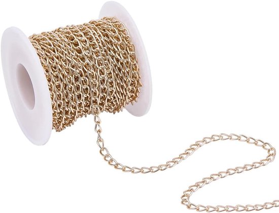 Gouden Cuban ketting van 10 meter met plastic spoel, onbewerkte schakels en metalen ringverbinders voor sieraden maken