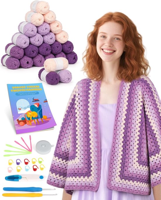 Granny Check Haakset voor Beginners met Haaknaalden, Wol en Accessoires voor Cardigan en Projecten van Merkloos