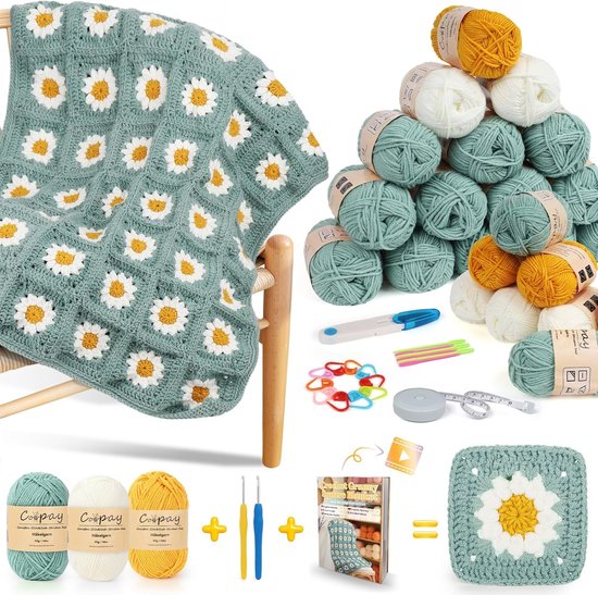 Granny Square Haakset voor Beginners met Daisy Dekentje, Compleet met Haaknaald en Stapsgewijze Video-instructies voor Leren Haken