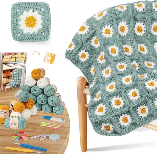 Granny Square Haakset voor Beginners met Daisy Dekentje, Compleet met Haaknaald, Haakgaren en Stapsgewijze Video-instructies voor Leren Haken van Merkloos