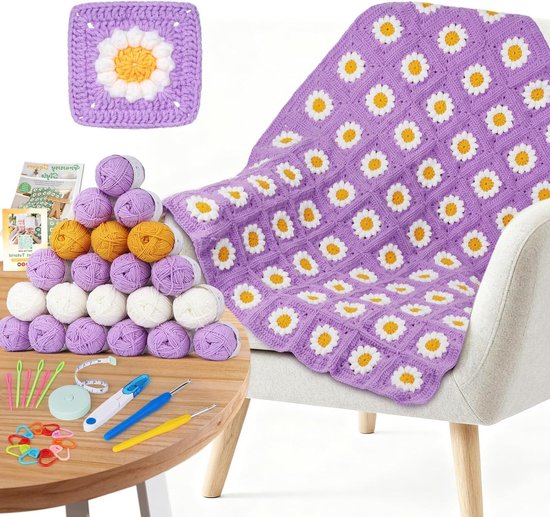Granny Square Haakset voor Beginners met Paarse Madeliefjes - Compleet en Gebruiksvriendelijk voor Creatieve Projecten van Merkloos