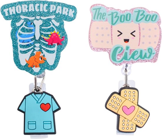 Grappige Acryl Badge Reel Houder met Skeleton en Patch, 2 Stuks, Retractable ID Naam Tag Clip voor Verpleegkundige, Arts en Onderwijsprofessionals