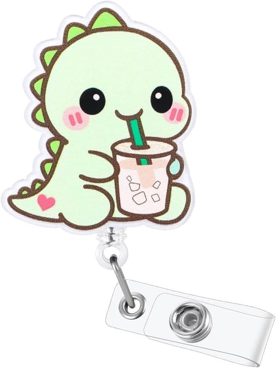 Grappige Medische Badge Reel met Dino en Iced Coffee, Retractable ID Kaart Houder voor Verpleegkundigen, Artsen en Studenten