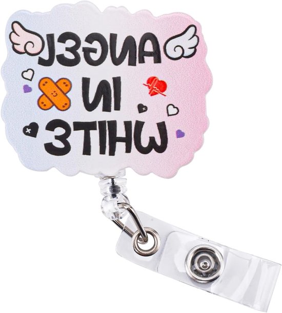 Grappige Zuster Badge Reel, Engel in Wit, Retractable Badge Holder met Schattige Vleugels en Draaiende Alligatorclip voor Verpleegkundigen van Merkloos