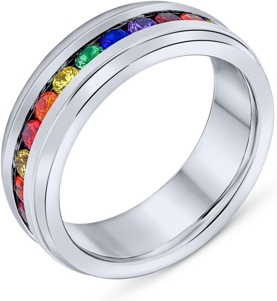 Graveren Unisex Kleurrijke trots maand Koppels Kanaal Set CZ Regenboog 1/2 Eeuwigheid Ring LGBTQ Trouwring Mannen Vrouwen Zilver Tone Gold Tone Rvs 8MM Comfort fit Aanpasbare,