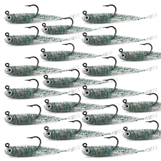 Grijs transparant kunstaas 20 stuks – zachte visvormige shads met glitters en enkele haken – soft bait vis aas met gespleten staart voor zoetwater zoutwater roofvissen en hengelsport
