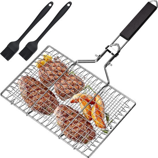 Grillmand visbrood, visgrillmand, roestvrij stalen grillschaal, opvouwbaar, draagbaar, roestvrije accessoires, manden voor het grillen, grillmand voor vis en groenten, met Oxford-tas en 2 siliconen van Merkloos