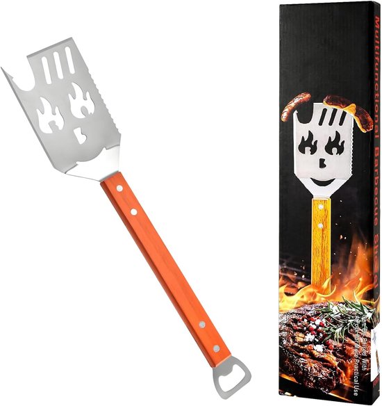 Grillspatel met vlammendesign, 42 cm roestvrijstalen spatel, houten handvat, multifunctionele grillspatel met flesopener