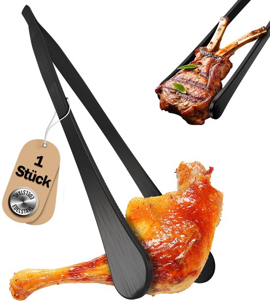Grilltang 30 cm - ronde roestvrijstalen grilltang, zwart