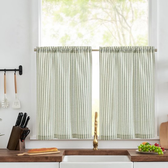 Groen gestreepte keukengordijnen 61 cm lang, kleine cafégordijnen, lichtfilterend roedezak kort half raamgordijn laag voor badkamer, kastbasis, gootsteen, camper, 2 panelen, 66 x 61 cm (b x l)