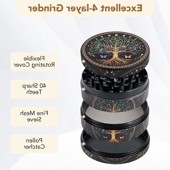 Grote 63 mm kruidenmolen, 4-delige metalen molen met pollenschraper, ideaal voor specerijen en droge kruiden, uniek boomdesign met kleurrijke afwerking