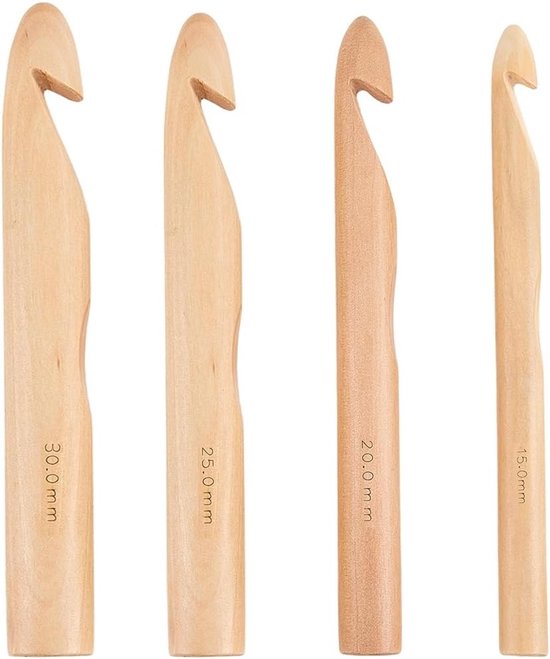 Grote bamboe haaknaalden set met 4 maten voor dikke dekens - 15 mm, 20 mm, 25 mm en 30 mm diameter, ideaal voor breien en haken
