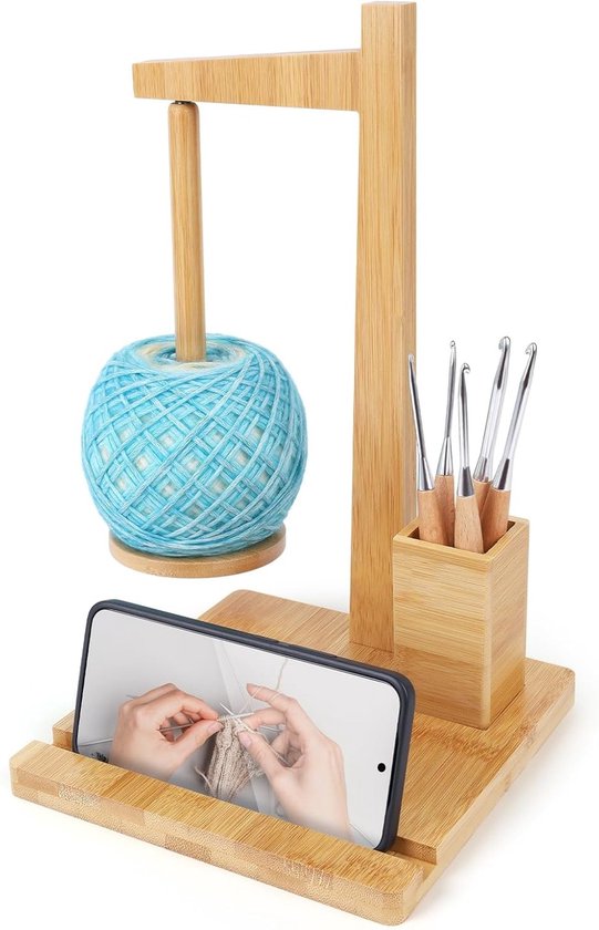 Grote Houten Wolhouder voor Haken en Breien, Multifunctionele Wol Spinner met Magnetische Opbergruimte en Draadgeleiding
