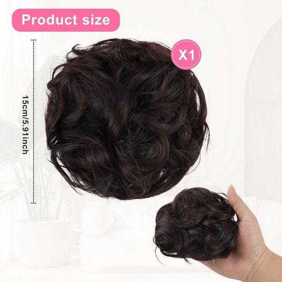 Grote krullende knot met elastiek voor opgestoken kapsels, donkerbruin haarstukje voor dames en meisjes, perfect voor messy bun stijlen