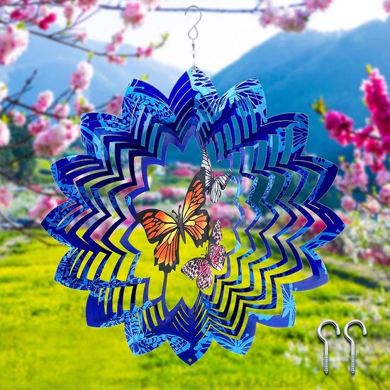 Grote metalen tuin windspinners en hangende buiten windgong met wandnagels, roestvrijstalen vlinder sculpturen (30x30cm) voor sfeervolle decoratie en beweging in de tuin