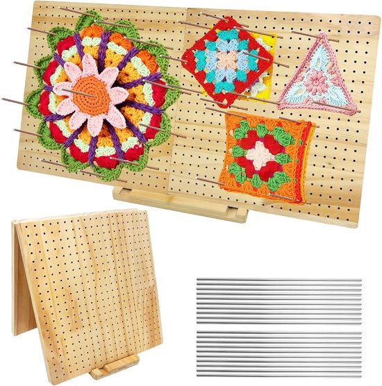 Grote Tension Board voor Granny Squares met 20 RVS Bar Pins en Stand, 58 x 29 cm, Vouwbaar, Ideaal voor Haken en Breien, Handgemaakte Accessoires