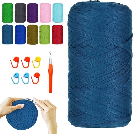 Gurtband voor Haken en Breien, 400G/120M, 9 mm, Inclusief Naalden en 6 Houders, Ideaal voor Tassen, Mandjes en Dekens in Jeansblauw van Merkloos