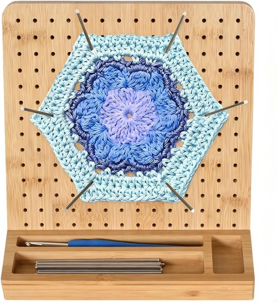 Haak- en breiprojectplank van bamboe, 19,8 cm groot haakblokbord voor Granny Square met 20 pennen en 1 haaknaald, ideaal voor creatief haken en breien