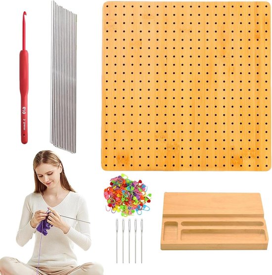 Haakblok Set - Breien Haken - Knutsel Projecten - Duurzaam Rubberhout - 23.5x23.5cm Plank - Houtkleur