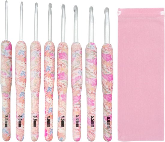 Haaknaald Set voor Beginners - 8 Ergonomische Haaknaalden met Plastic Handvat, Ideaal voor Haken en Breien, Inclusief Opbergtas (Roze)