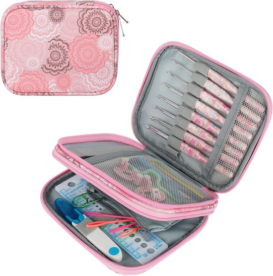 Haaknaalden Etui - Dubbele Compartment Ritsopbergzak voor Reizen, Compact en Handig, 18x14x3.5cm, Perfect voor Breien en Haken van Merkloos