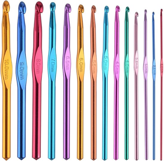 Haaknaalden in verschillende kleuren, 2-10 mm, set van 14, ideaal voor haken en breien