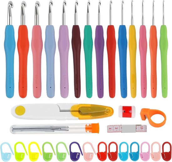 Haaknaalden Set met 57 Stukken en 14 Maten, Ergonomische Handgreep, Kleurige Siliconen Accessoires voor Beginners en Haakliefhebbers