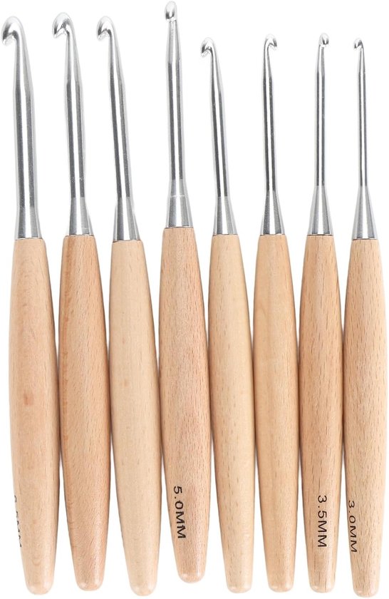 Haaknaalden Set met Ergonomische Houten Handgreep, 8 Stuks RVS Haaknaalden voor Breien van Truien 3mm-6.5mm, Perfect voor Haken en Handwerken
