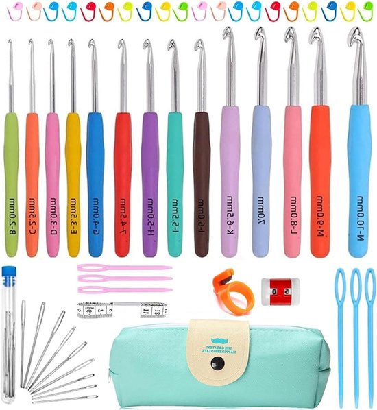Haaknaalden Set van 54 Stuks met 14 Maten en 40 Accessoires, Ergonomische Handvatten, Inclusief Opbergtas voor Beginners en Volwassenen