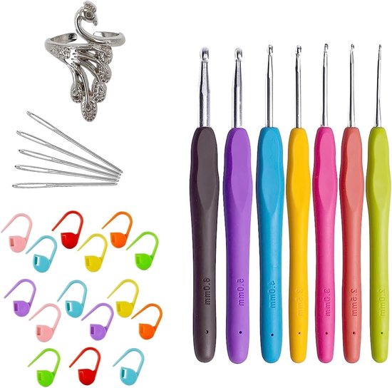 Haaknaalden Set van 7 Stuks met Ergonomisch Handvat voor Comfort en Precisie, Inclusief Maatmarkeringen - Perfect voor Beginners en Gevorderden in Haken en Breien