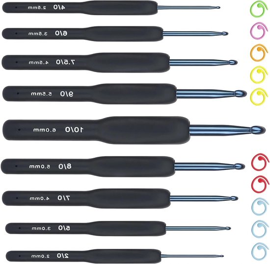 Haaknaalden Set van 9 Stuks 2mm-6mm Ergonomische Haaknaalden met Metalen Marker Clips voor Truien en Sjaals, Perfect voor Haken en Breien van Merkloos