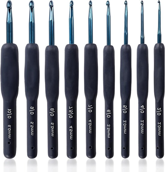 Haaknaalden Set van 9 Stuks, Ergonomische Vintage Zwarte Haaknaalden 2mm-6mm, Lichtgewicht en Comfortabel voor Artrose en Creatief Haken