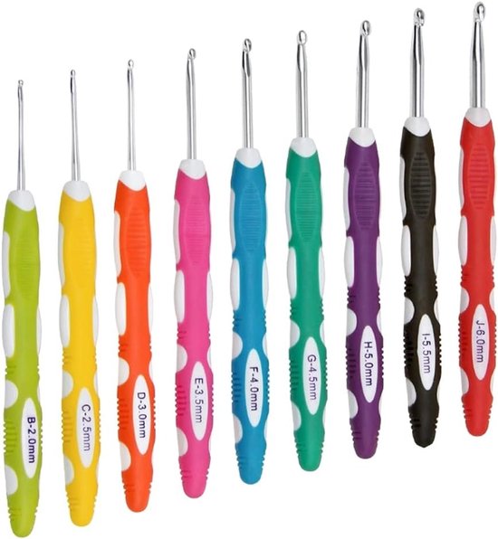 Haaknaalden set van 9 stuks - Kleurrijke aluminium haaknaalden met plastic handvat voor soepel breien en haken, ideaal voor sweaters en weven