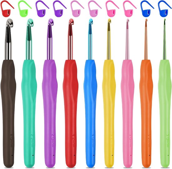 Haaknaalden Set van 9 Stuks met 10 Steekmarkeerders, Ergonomische Rubber Handgreep en Kleurige Haaknaalden voor Beginners en Ervaren Haakliefhebbers