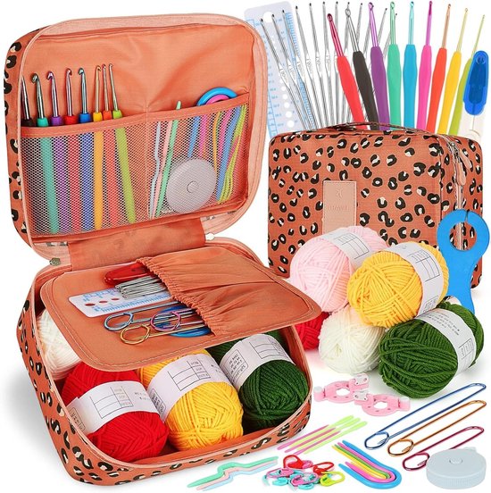 Haaknaalden set voor beginners en volwassenen, ergonomische metalen haaknaalden van 0,6 mm tot 6 mm, accessoires met opbergetui, inclusief wol en naalden, complete starterset voor haken van Merkloos