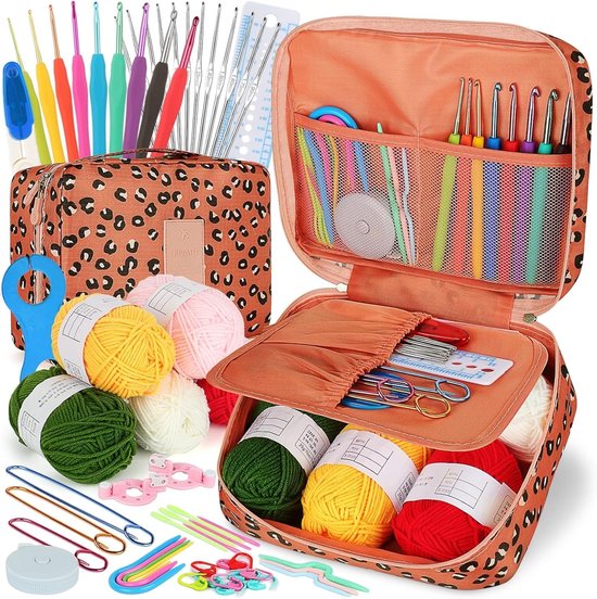 Haaknaalden set voor beginners en volwassenen, ergonomische metalen haaknaalden van 0.6 mm tot 6 mm, inclusief accessoires, wol en naalden, complete starterset voor haken