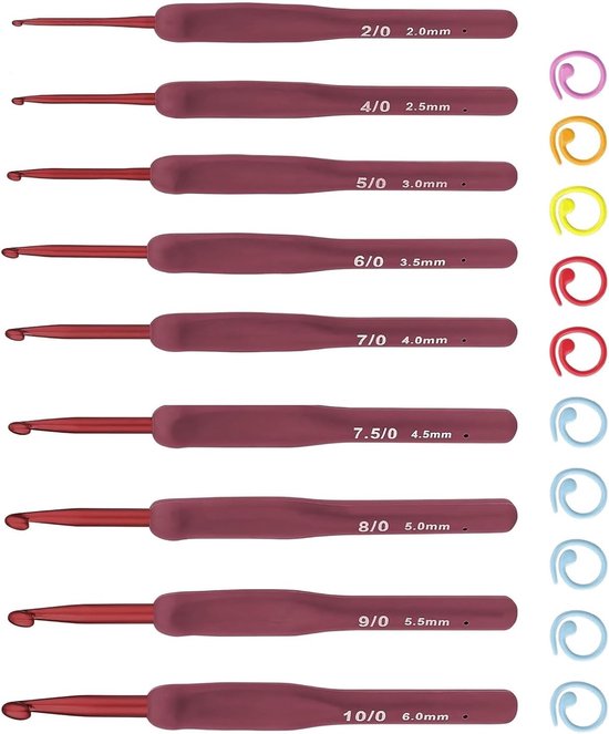 Haaknaaldenset met 9 stuks van 2,0-6,0 mm, ergonomische handgrepen en metalen steekmarkeringen voor comfortabel haken van kleding en handwerk