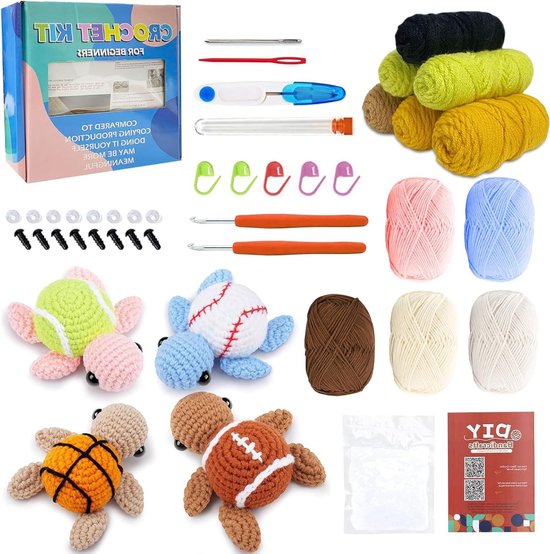 Haaknaaldenset voor beginners met video-lessen, vier schattige schildpadden, ideale startset voor volwassenen en kinderen om haken te leren