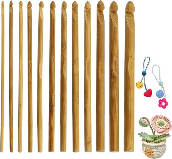 Haaknaaldset met 12 maten, gemaakt van bamboe en hout, inclusief accessoires voor katoen, wol en zijde, perfect voor zowel beginners als ervaren haakliefhebbers