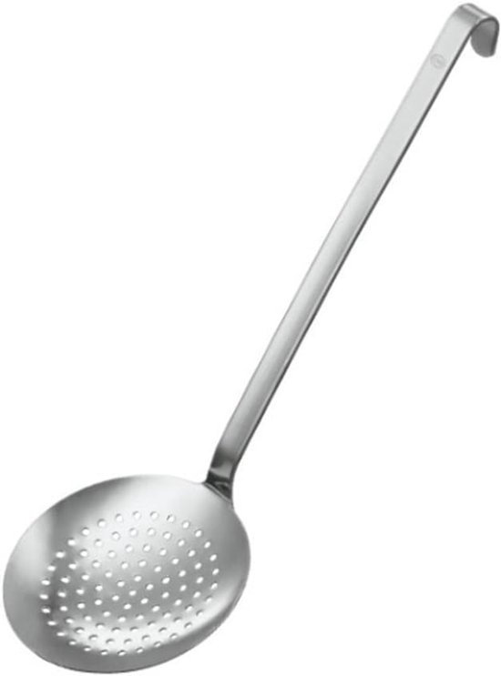 haakschep plat grof geperforeerd, zeeflepel met haaksteel, 12 cm, 18/10 roestvrij staal, vaatwasmachinebestendig
