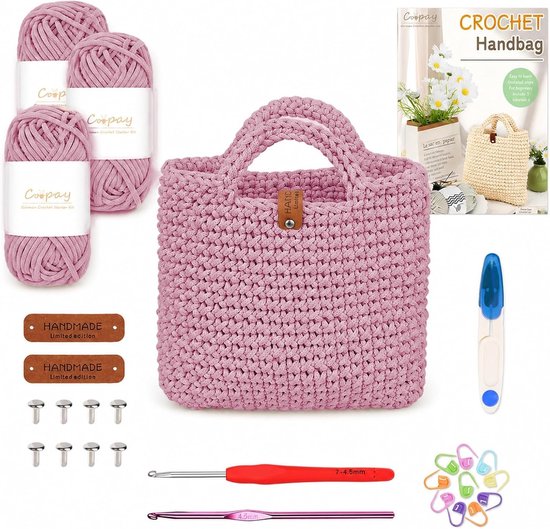 Haakset met 2 haaknaalden, instructiehandleiding en 3 dikke roze wolbollen voor creatief haken