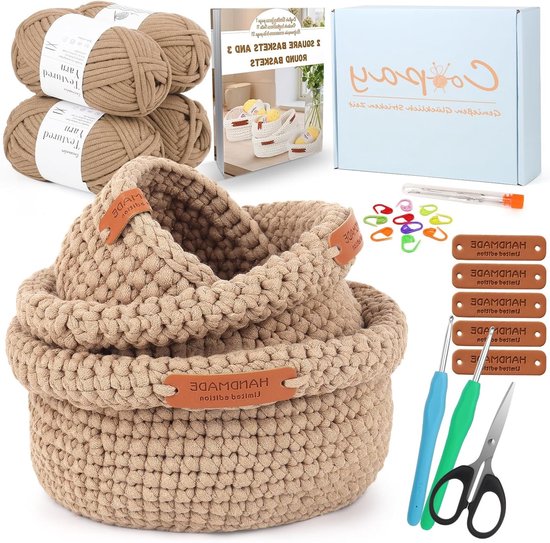 Haakset voor Beginners - 3 Maten Ronde Mandjes met DIY Instructies, Wol en Accessoires voor Creatieve Projecten van Merkloos