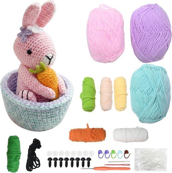 Haakset voor beginners, complete Amigurumi-set met video-instructies voor paaseieren en wortels, perfect voor creatieve projecten en geschenken