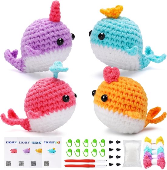 Haakset voor Beginners en Kinderen - Compleet Leerpakket met Stapsgewijze Video Tutorials, DIY Haakprojecten en Dierfiguren - 4 Stuks