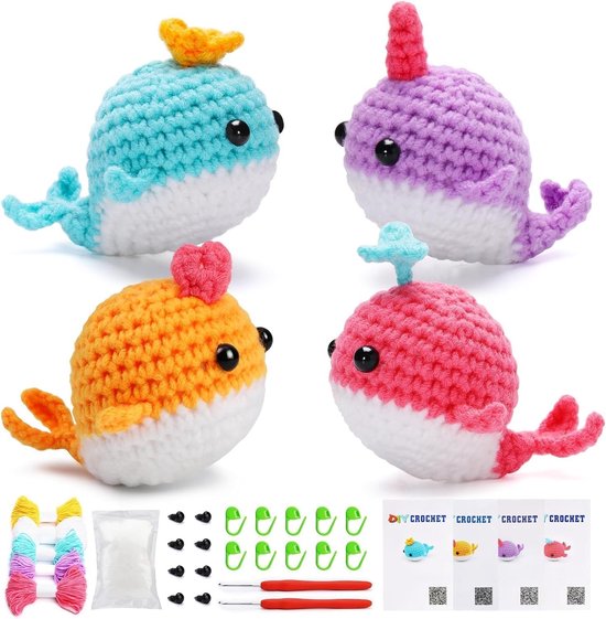 Haakset voor Beginners en Kinderen - Compleet Leerpakket met Video Tutorials, DIY Haakprojecten en Dierfiguren - 4 Stuks