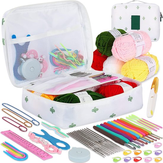 Haakset voor Beginners en Volwassenen, Inclusief Ergonomische Haaknaalden van 0.6mm tot 6mm, Accessoires en Cactus Etui, Brei- en Haakmaterialen met Wol en Naalden