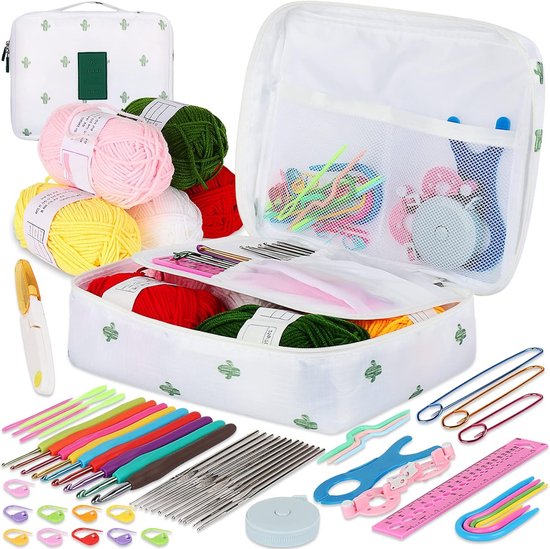 Haakset voor Beginners en Volwassenen met Ergonomische Haaknaalden van 0.6mm tot 6mm, Inclusief Accessoires, Wol en Cactus Etui voor Creatieve Projecten van Merkloos