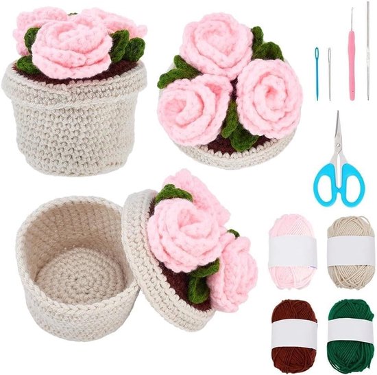Haakset voor beginners en volwassenen met video-instructies voor gehaakte bloempot en mand - Perfect voor DIY ambachten en verrassingscadeaus