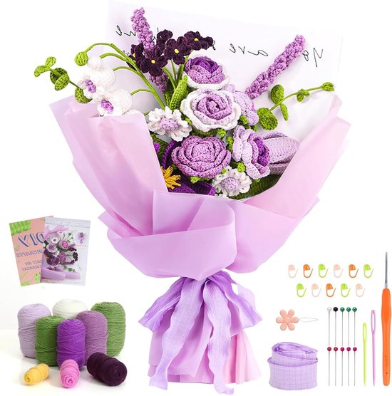 Haakset voor Beginners en Volwassenen, Rozenbloem Boeket met Stapsgewijze Video, Creatieve DIY Handgemaakte Kunst en Geschenken