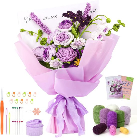 Haakset voor Beginners en Volwassenen, Rozenbloemen Boeket met Stapsgewijze Video, Handgemaakte Kunst en DIY Creaties, Perfect als Cadeau en voor Hobbyisten